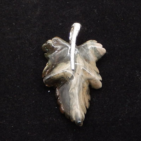 Natural Ocean Jasper Carved Leaf Pendant with 925 Sterling Silver 46*30*8mm, 8.8g