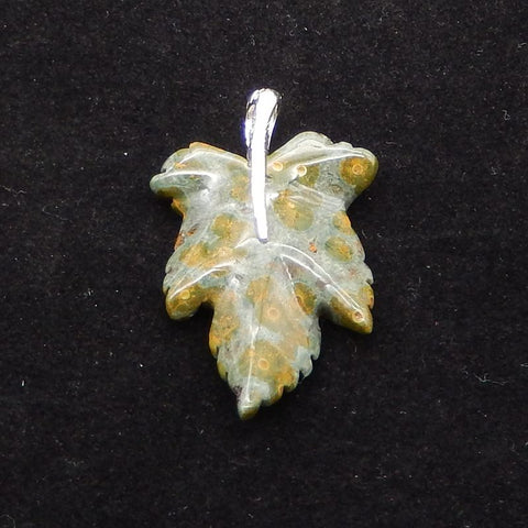 Natural Ocean Jasper Carved Leaf Pendant with 925 Sterling Silver 46*30*8mm, 8.8g