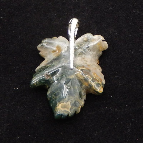Natural Ocean Jasper Carved Leaf Pendant with 925 Sterling Silver 43*29*8mm, 8.9g