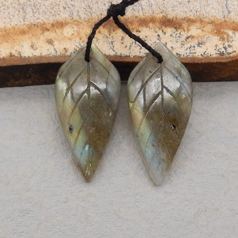 Natural Labradorite Carved leaf Earring Beads 26x12x4mm, 3.8g