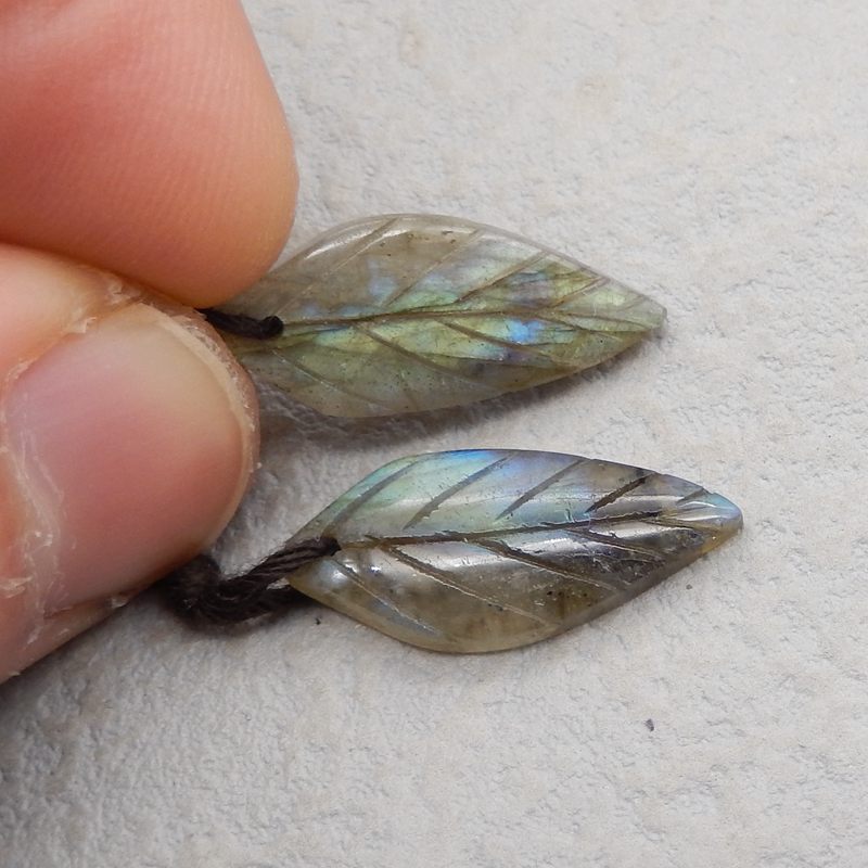 Natural Labradorite Carved leaf Earring Beads 23x10x3mm, 2.6g