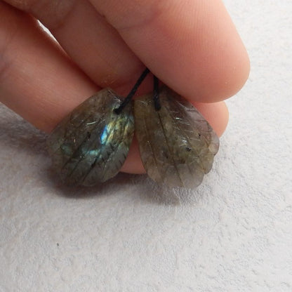 Natural Labradorite Carved feather Earring Beads 24x17x4mm, 5.5g