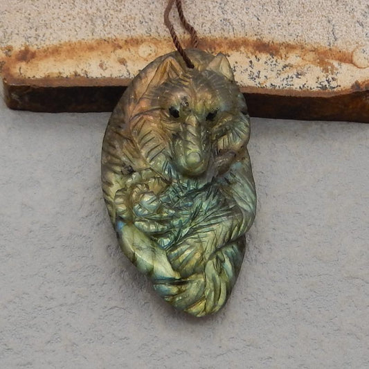 Natural Labradorite Carved wolf Pendant Bead 47*26*11mm, 15.1g