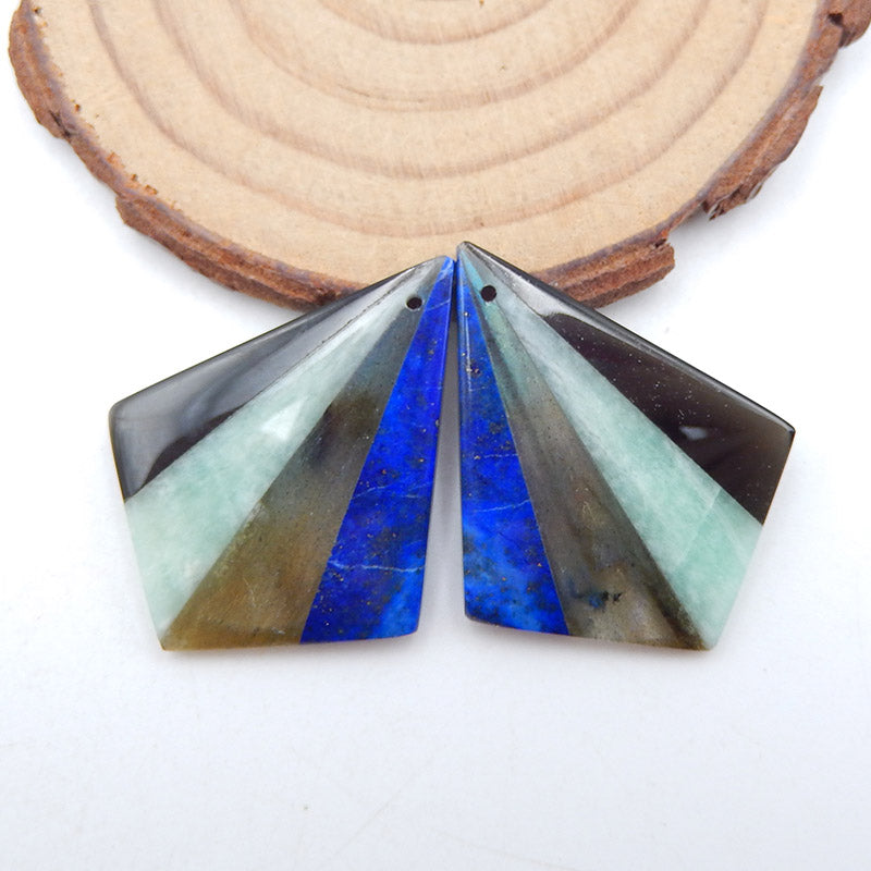 Intarsia of Lapis Lazuli, Labradorite, Amazonite and Obsidian Earring Beads 35x28x5mm 9.6g