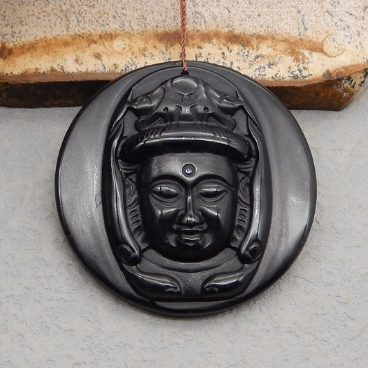 Natural Obsidian Carved Buddha Pendant Bead 45*45*9mm, 20.5g