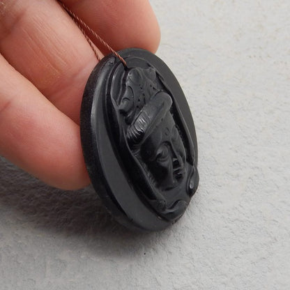 Natural Obsidian Carved Buddha Pendant Bead 45*45*9mm, 20.5g