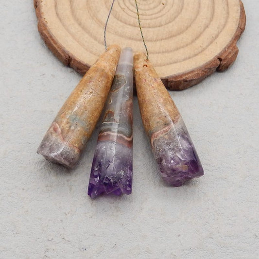 3 pcs Natural Amethyst Pendant Beads 44*11*11mm, 40*11*11mm, 18.3g