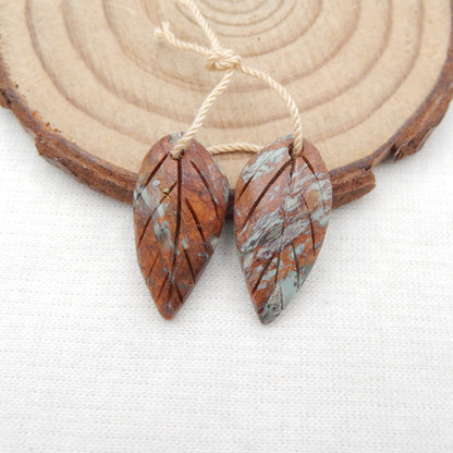 Natural Chrysocolla Carved leaf Earring Beads 24x10x4mm, 3.2g