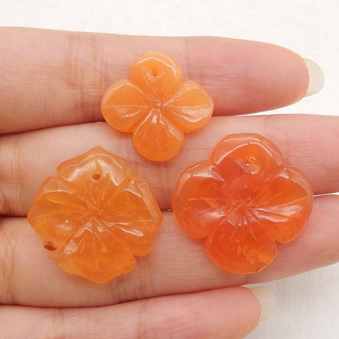 3 PCS Natural Red Agate Carved Flower Pendant Beads 21×4mm,15×3mm,7.8g