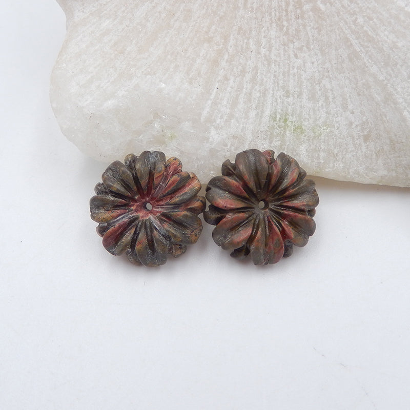 Natural Red Creek Jasper Carved flower Earring Beads 16x5mm, 2.7g