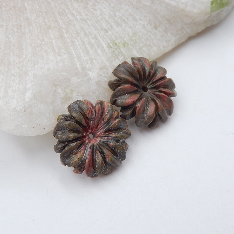 Natural Red Creek Jasper Carved flower Earring Beads 16x5mm, 2.7g