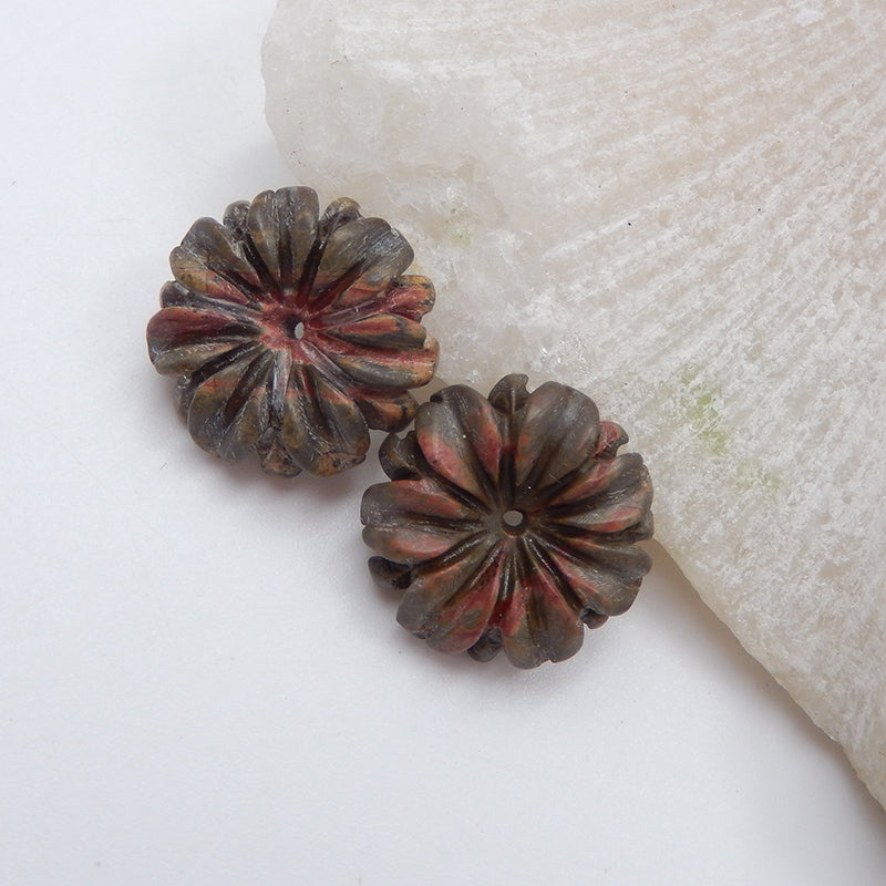 Natural Red Creek Jasper Carved flower Earring Beads 16x5mm, 2.7g
