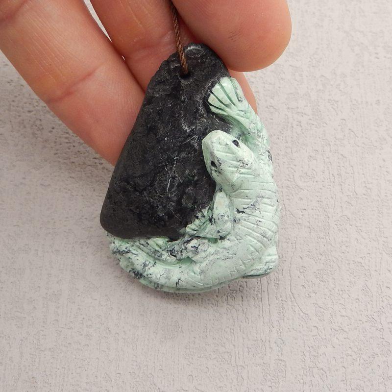 Natural Green Turquoise Carved lizard Pendant Bead 48x34x15mm, 18.2g - Gomggsale