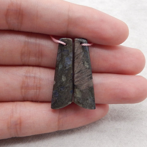 Natural Larvikite Gemstone Earring Beads, Matched Gemstone Earring Pair, Handmade Jewelry, 32x10x4mm, 4.4g