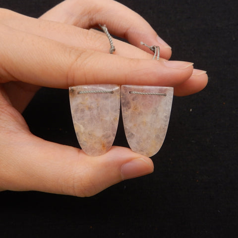 Natural Rose Quartz Double Hole Gemstone Earring Beads, Handmade Earring pair, 27x20x4mm, 7.4g