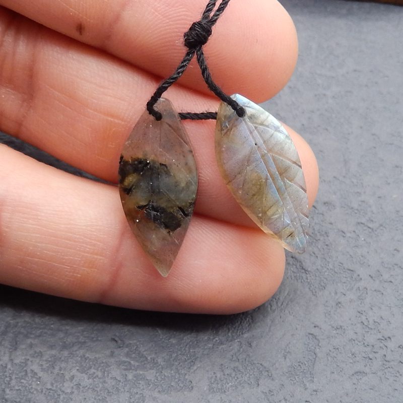 Natural Labradorite Carved leaf Earring Beads 23x10x3mm, 2.6g