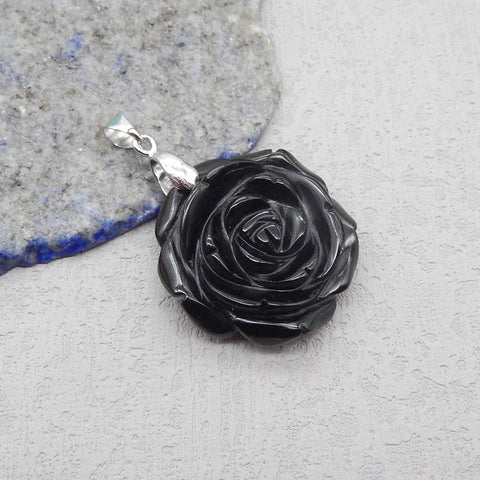 天然宝石黑曜石手工雕刻花卉吊坠，925 纯银枝夹箍，28X28X12mm，9.0g