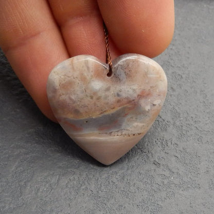 Perle pendentif en pierre précieuse en forme de cœur en jaspe océan sculpté, 30x28x8mm, 10.1g