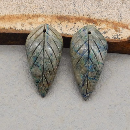 Natural Chrysocolla Carved leaf Earring Beads 26x14x4mm, 4.8g