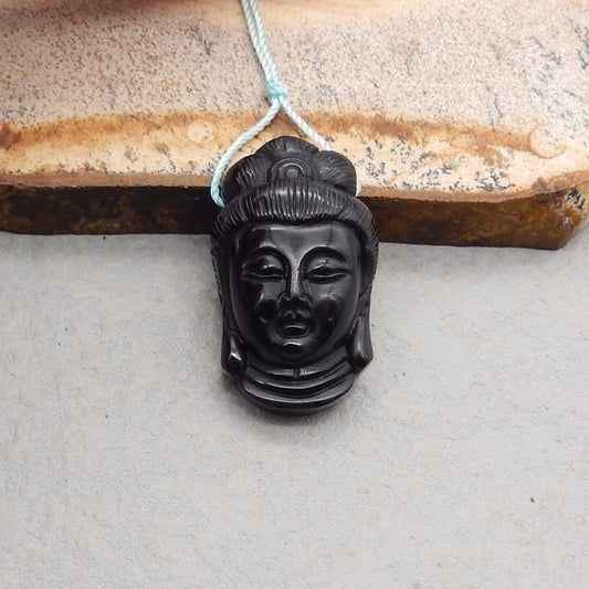 Natural Obsidian Carved Buddha Pendant Bead 35*17*8mm, 6.8g