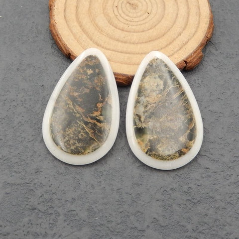 Intarsia of White Jade and Green Opal Earring Beads 44x27x4mm, 15.9g
