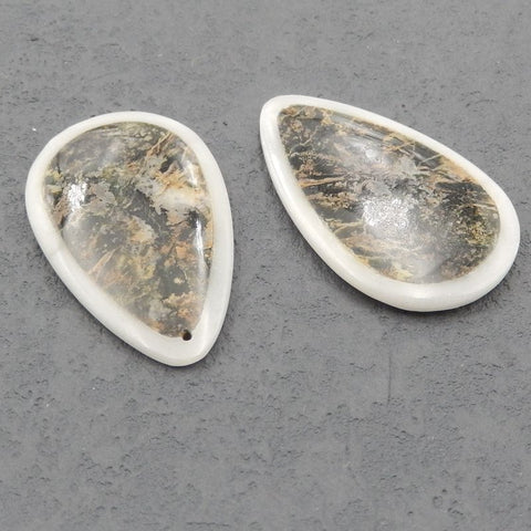Intarsia of White Jade and Green Opal Earring Beads 44x27x4mm, 15.9g