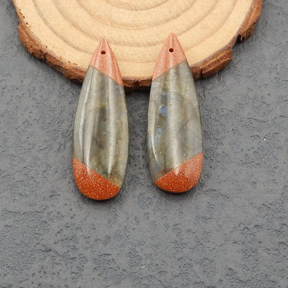 Paire de boucles d'oreilles en pierres précieuses collées Red River et Labradorite, 38x13X5 mm, 8,5 g