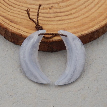 Natural Blue Lace Agate Carved moon Earring Beads 30*16*4mm, 4.9g