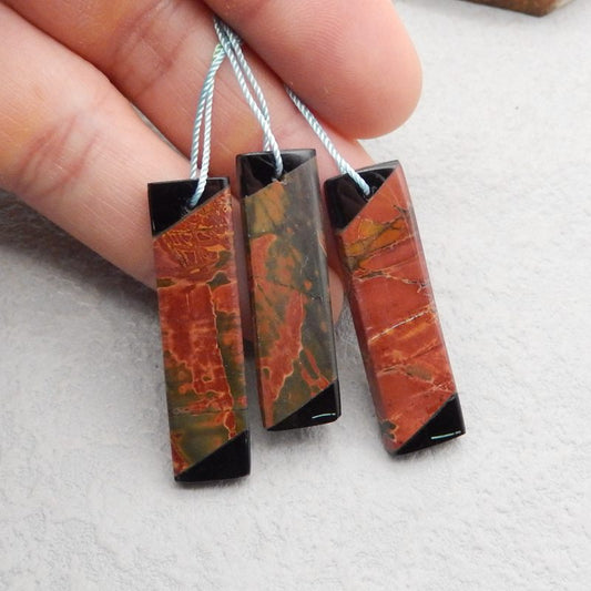 3 pcs Intarsia of Red Creek Jasper and Obsidian Pendant Beads 36*11*4mm, 40*10*4mm, 11.9g