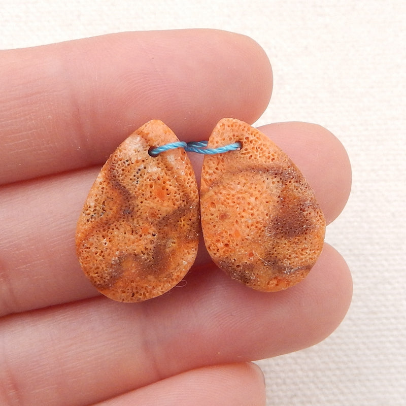 天然橙色珊瑚钻泪珠耳环一对，18x14x2mm，2.0g