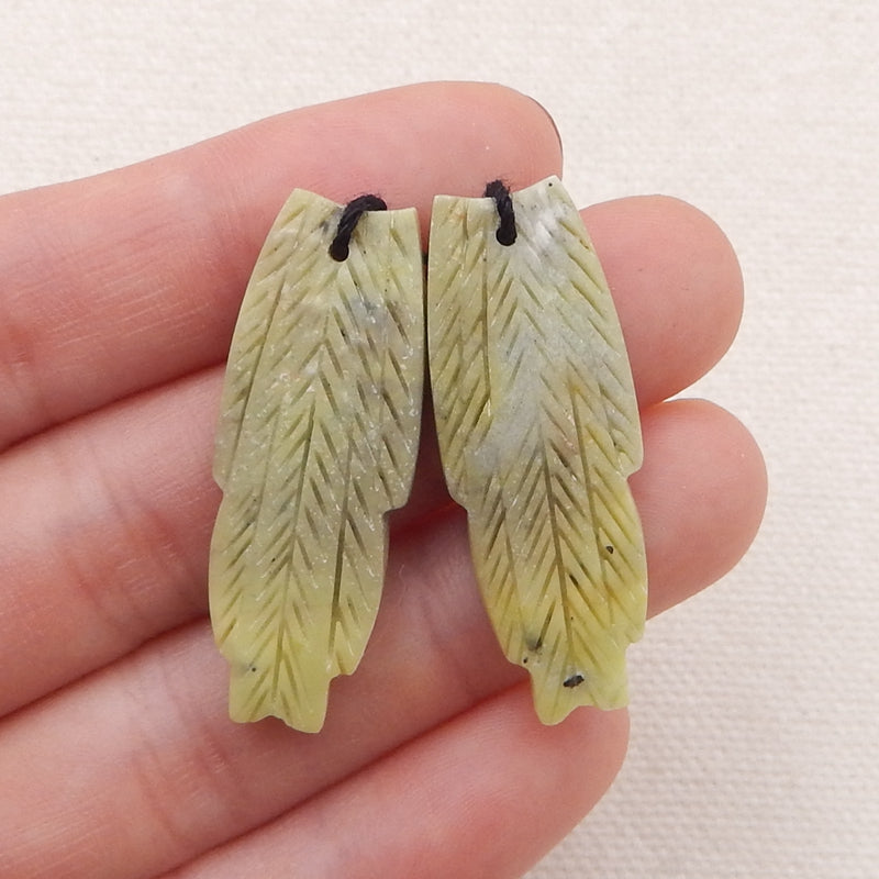 Natural Serpentine Carved feather Earring Beads 40x14x4mm, 6.5g