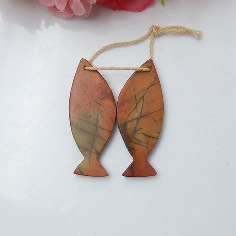 Natural Red Creek Jasper Carved fish Earring Beads 37x14x3mm, 6.4g