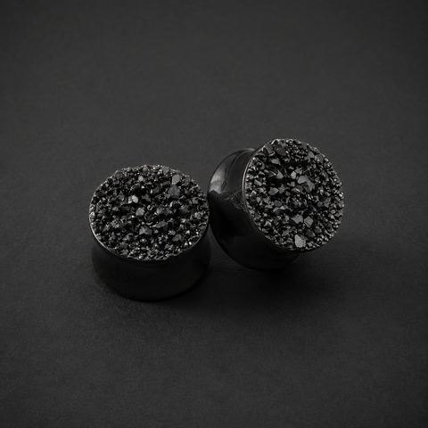 Black Druzy Ear Plugs, Sparkling Resin Crystal Cluster Gauges, Faux Quartz Double Flare Plugs, Dark Aesthetic Body Jewelry Gift