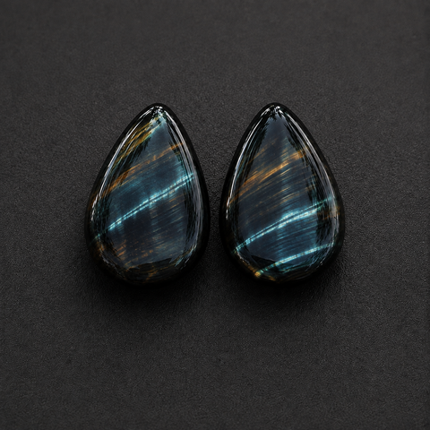 Natural Blue Tiger Eye Teardrop Plugs - Hawk's Eye Stone Double Flare Gauges (1 Pair)