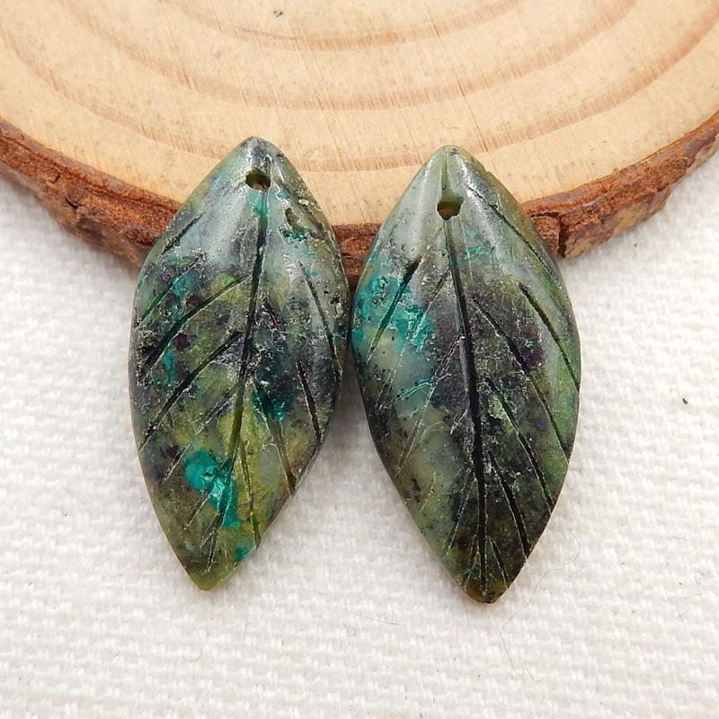 Natural Chrysocolla Carved leaf Earring Beads 26x14x4mm, 4.8g