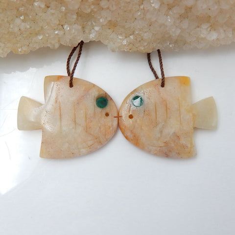 Intarsia of Amazonite And Malachite Carved Fish Earring Beads 29x24x5mm, 9.4g