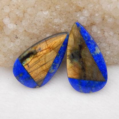 Intarsia of Lapis Lazuli and Labradorite Earring Beads 33x18x5mm, 9g