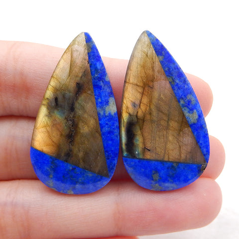 Intarsia of Lapis Lazuli and Labradorite Earring Beads 33x18x5mm, 9g
