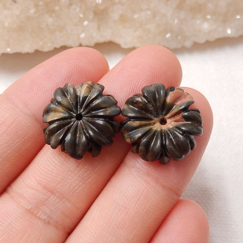 Natural Red Creek Jasper Carved flower Earring Beads 16x5mm, 2.7g