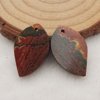 Natural Red Creek Jasper Carved leaf Earring Beads 24x14x4mm, 3.1g