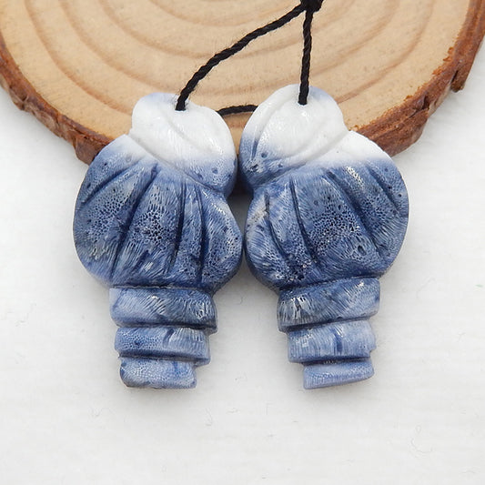 Natural Blue Coral Carved shell Earring Beads 33x18x4mm, 6.2g