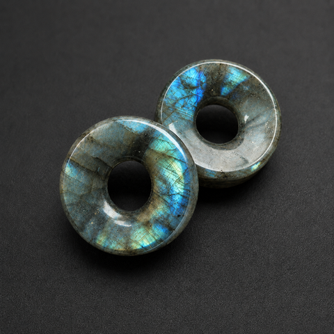 Natural  Labradorite Round Ear Tunnels, Double Flared Stone Gauges,  Body Jewelry, Ear Stretching Tunnel Pair