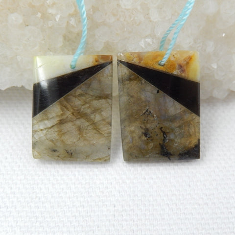 Intarsia of Labradorite, Obsidian and Amazonite Earring Beads 20x15x4mm, 4.7g