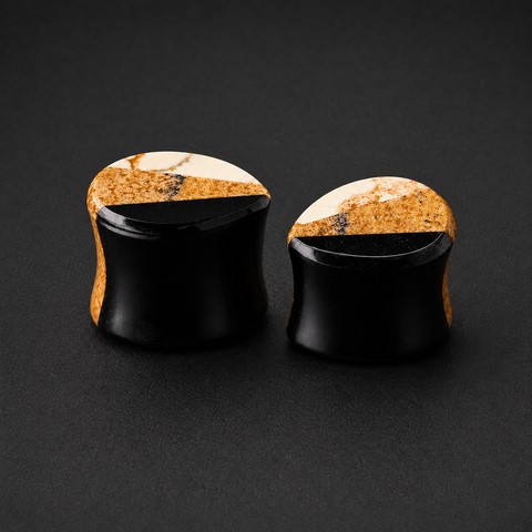 Picture Jasper White Jade Obsidian Spliced Teardrop Plugs Gauges - Triple Split Stone Ear Expanders - Double Flare Piercing