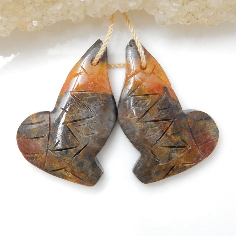 热销亚马逊石雕刻鱼耳环一对，用于制作耳环的石头，28x19x4mm，6.1g