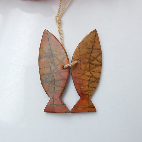 Natural Red Creek Jasper Carved fish Earring Beads 37x14x3mm, 6.4g
