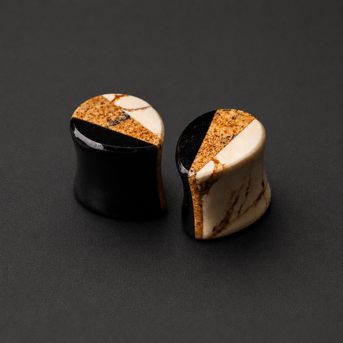 Picture Jasper White Jade Obsidian Spliced Teardrop Plugs Gauges - Triple Split Stone Ear Expanders - Double Flare Piercing