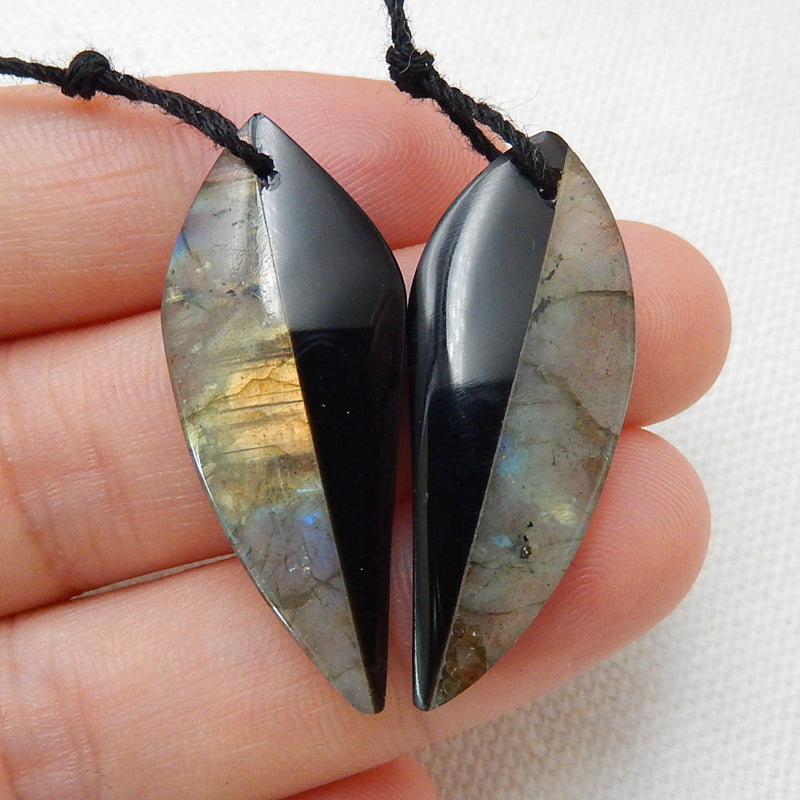 Intarsia of Obsidian and Labradorite Earring Beads 33x13x4mm, 4.3g