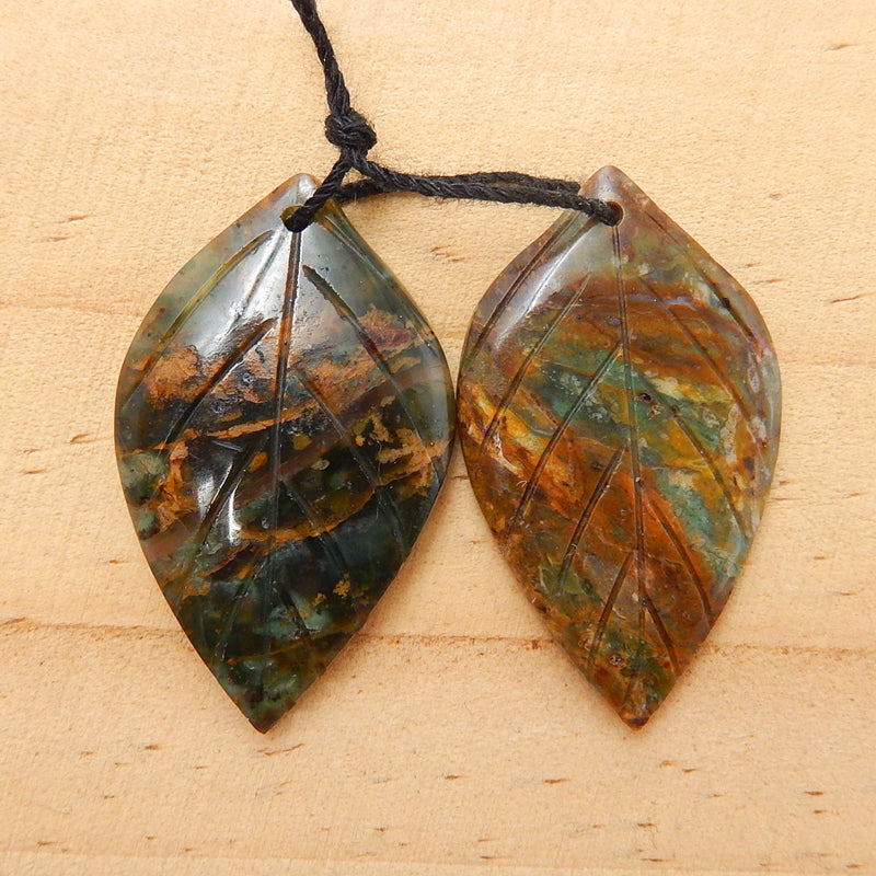 Natural Green Opal Carved leaf Earring Bead 34x20x4mm, 7.1g
