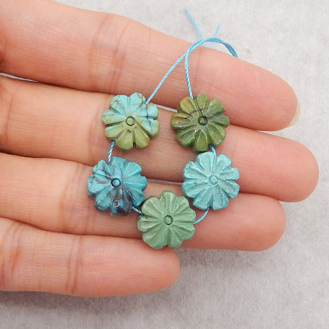5 PCS Carved Natural Turquoise Flower Gemstone Cabochons, Jewelry DIY Making, Gemstone Wholesale, 12x12×4mm,  5.2g